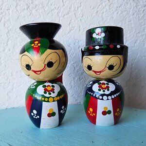 Vintage Korean Kokeshi Hand Painted Modeler Bobble Head Dolls Wedding Pair 2